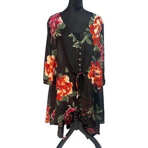 Love Ari Plus Size 3XL Floral High-Low Tunic Top - Button Down & Waist Tie